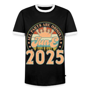 Juni 2025. Geburtstagsgeschenk Juni 2025. Juni - Männer Kontrast-T-Shirt - Schwarz/Weiß - Vorne - AI Model Female 172 light (172cm) & AI Model Male 178 light (178cm)