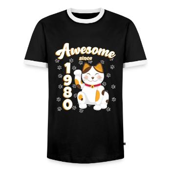 1980's Birthday Awesome since Cat Maneki neko - Men's Ringer Shirt - black/white - Front - AI Model Female 172 light (172cm) & AI Model Male 178 light (178cm)