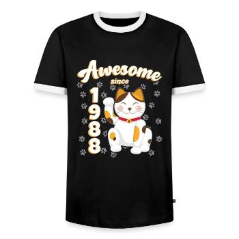 1988 Birthday Awesome since Cat Maneki neko - Men's Ringer Shirt - black/white - Front - AI Model Female 172 light (172cm) & AI Model Male 178 light (178cm)
