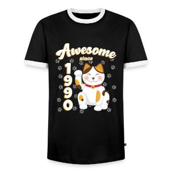 1990's Birthday Awesome since Cat Maneki neko - Men's Ringer Shirt - black/white - Front - AI Model Female 172 light (172cm) & AI Model Male 178 light (178cm)