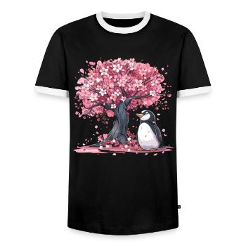 Penguin Japanese Sakura Tree Kawaii - Men's Ringer Shirt - black/white - Front - AI Model Female 172 light (172cm) & AI Model Male 178 light (178cm)