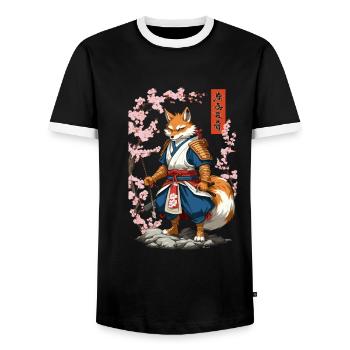 Kitsune Samurai Fox Vintage Ukiyo-e Style - Men's Ringer Shirt - black/white - Front - AI Model Female 172 light (172cm) & AI Model Male 178 light (178cm)