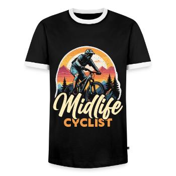Midlife Cyclist Bike Racer Mountain Biking Cyclist - Men's Ringer Shirt - black/white - Front - AI Model Female 172 light (172cm) & AI Model Male 178 light (178cm)