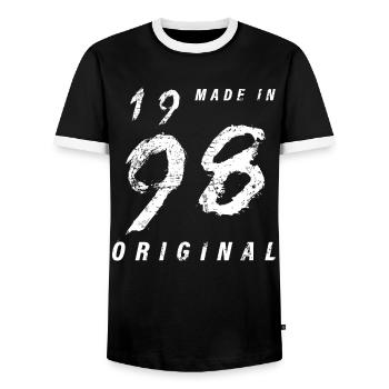 Made In 1998 Original Birthday Grunge Distressed - Men's Ringer Shirt - black/white - Front - AI Model Female 172 light (172cm) & AI Model Male 178 light (178cm)