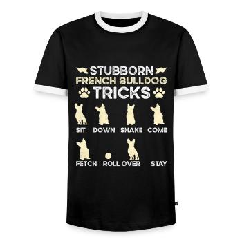 Frenchie Hunde STUBBORN BULLDOG TRICKS Fanzösische - Männer Kontrast-T-Shirt - Schwarz/Weiß - Vorne - AI Model Female 172 light (172cm) & AI Model Male 178 light (178cm)