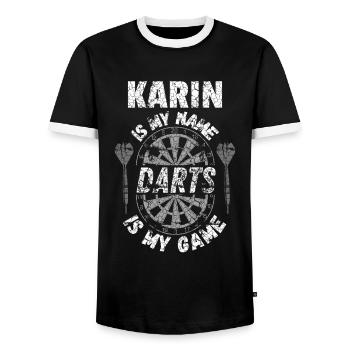 Personalised Darts T-Shirt for Karin - Men's Ringer Shirt - black/white - Front - AI Model Female 172 light (172cm) & AI Model Male 178 light (178cm)