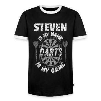 Personalised Darts T-Shirt for Steven - Men's Ringer Shirt - black/white - Front - AI Model Female 172 light (172cm) & AI Model Male 178 light (178cm)