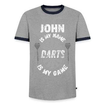 Personalised Darts T-Shirt for John - Men's Ringer Shirt - grey/navy  - Front - AI Model Female 172 light (172cm) & AI Model Male 178 light (178cm)