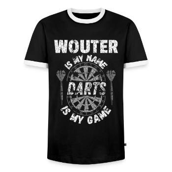 Personalised Darts T-Shirt for Wouter - Men's Ringer Shirt - black/white - Front - AI Model Female 172 light (172cm) & AI Model Male 178 light (178cm)