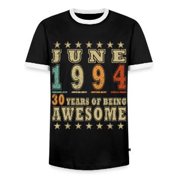 Jahrgang Juni 1994 Juni 1994 Jahrgang Juni 1994 - Männer Kontrast-T-Shirt - Schwarz/Weiß - Vorne - AI Model Female 172 light (172cm) & AI Model Male 178 light (178cm)