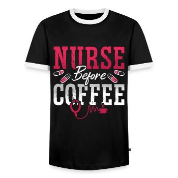 Geriatric Nurse Before Coffee Nursing Coffee Lover - Men's Ringer Shirt - black/white - Front - AI Model Female 172 light (172cm) & AI Model Male 178 light (178cm)