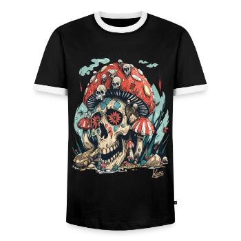 Forest of Horrible Skull Skull Mushrooms - Men's Ringer Shirt - black/white - Front - AI Model Female 172 light (172cm) & AI Model Male 178 light (178cm)