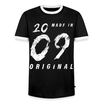 Made In 2009 Original Birthday Grunge Distressed - Men's Ringer Shirt - black/white - Front - AI Model Female 172 light (172cm) & AI Model Male 178 light (178cm)