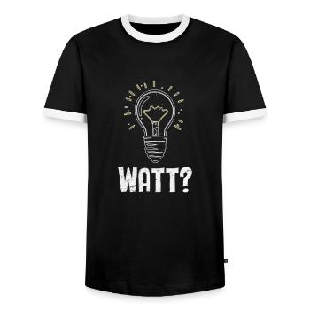Electrician: WATT? Humor and craftsmanship combined - Men's Ringer Shirt - black/white - Front - AI Model Female 172 light (172cm) & AI Model Male 178 light (178cm)