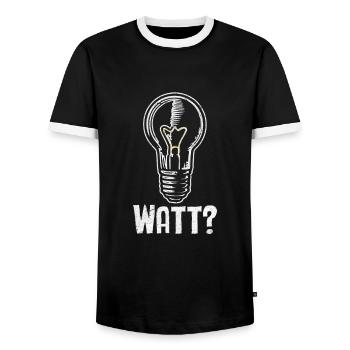 Electrician: WATT? Humor and craftsmanship combined - Men's Ringer Shirt - black/white - Front - AI Model Female 172 light (172cm) & AI Model Male 178 light (178cm)