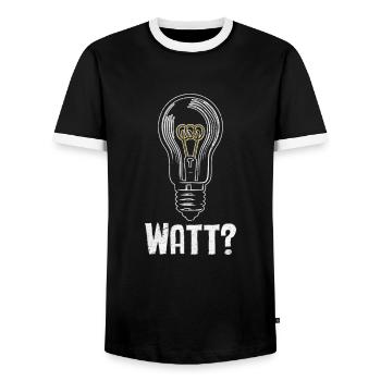 Electrician: WATT? Humor and craftsmanship combined - Men's Ringer Shirt - black/white - Front - AI Model Female 172 light (172cm) & AI Model Male 178 light (178cm)