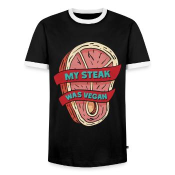 Fleischliebhaber MY STEAK WAS VEGAN Lustiges - Männer Kontrast-T-Shirt - Schwarz/Weiß - Vorne - AI Model Female 172 light (172cm) & AI Model Male 178 light (178cm)