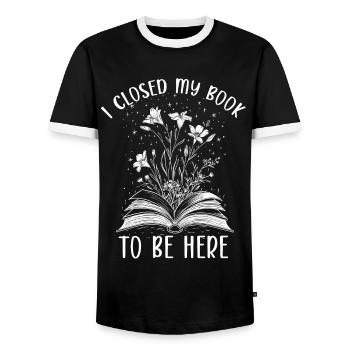 I Closed My Book To Be Here Lesen Blüten Buch - Men's Ringer Shirt - black/white - Front - AI Model Female 172 light (172cm) & AI Model Male 178 light (178cm)
