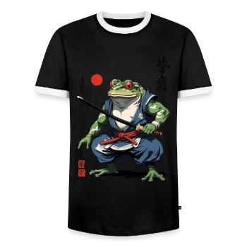 Samurai Frog Vintage Ukiyo-e Style Artwork - Men's Ringer Shirt - black/white - Front - AI Model Female 172 light (172cm) & AI Model Male 178 light (178cm)
