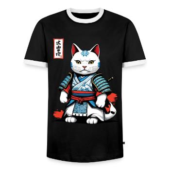 Samurai Katze in Japanischem Samurai Kunstwerk - Männer Kontrast-T-Shirt - Schwarz/Weiß - Vorne - AI Model Female 172 light (172cm) & AI Model Male 178 light (178cm)