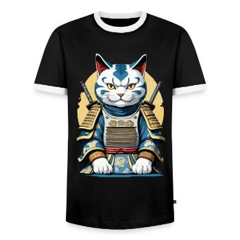 Samurai Katze Japanisches Samurai Kunstwerk Design - Männer Kontrast-T-Shirt - Schwarz/Weiß - Vorne - AI Model Female 172 light (172cm) & AI Model Male 178 light (178cm)
