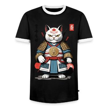 Chat samouraï au look streetwear anime - T-shirt contrasté Homme - noir/blanc - Devant - AI Model Female 172 light (172cm) & AI Model Male 178 light (178cm)