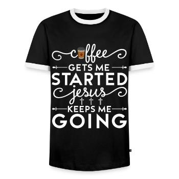 Le café me fait avancer, Jésus me fait avancer - T-shirt contrasté Homme - noir/blanc - Devant - AI Model Female 172 light (172cm) & AI Model Male 178 light (178cm)