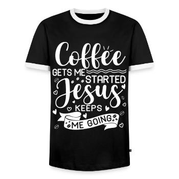 Le café me fait avancer, Jésus me fait avancer - T-shirt contrasté Homme - noir/blanc - Devant - AI Model Female 172 light (172cm) & AI Model Male 178 light (178cm)