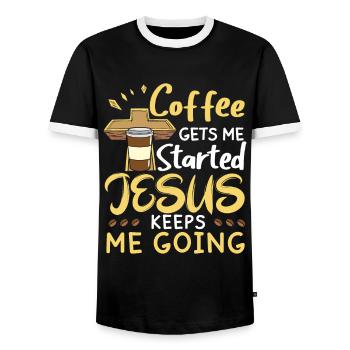 Le café me fait avancer, Jésus me fait avancer - T-shirt contrasté Homme - noir/blanc - Devant - AI Model Female 172 light (172cm) & AI Model Male 178 light (178cm)
