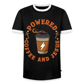 Powered By Coffee And Jesus - Men's Ringer Shirt - black/white - Front - AI Model Female 172 light (172cm) & AI Model Male 178 light (178cm)
