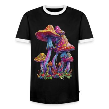 Psychedelic Magic Mushrooms Pilze Festival - Men's Ringer Shirt - black/white - Front - AI Model Female 172 light (172cm) & AI Model Male 178 light (178cm)