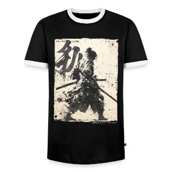 Samurai Fighter - Japanese Ukiyo-e Artwork - Men's Ringer Shirt - black/white - Front - AI Model Female 172 light (172cm) & AI Model Male 178 light (178cm)