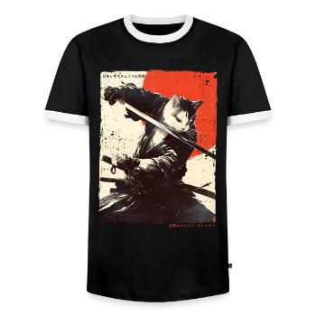 Samurai Cat Kawaii Japanese Ninja Cat - Men's Ringer Shirt - black/white - Front - AI Model Female 172 light (172cm) & AI Model Male 178 light (178cm)