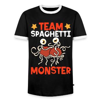 Flying Spaghetti Monster FSM - Men's Ringer Shirt - black/white - Front - AI Model Female 172 light (172cm) & AI Model Male 178 light (178cm)