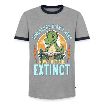 Literature Teacher Dinosaurs Didn't Read Librarian - Men's Ringer Shirt - grey/navy  - Front - AI Model Female 172 light (172cm) & AI Model Male 178 light (178cm)