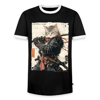 Samurai Cat Kawaii Japanese Ninja Cat - Men's Ringer Shirt - black/white - Front - AI Model Female 172 light (172cm) & AI Model Male 178 light (178cm)