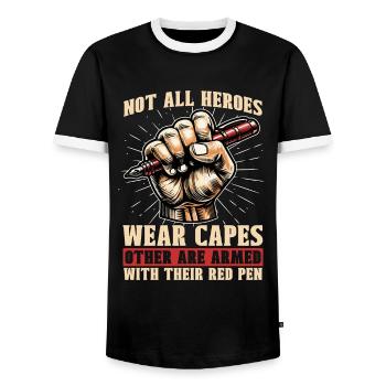 Book Editor Not All Heroes Wear Capes Bookworm - Men's Ringer Shirt - black/white - Front - AI Model Female 172 light (172cm) & AI Model Male 178 light (178cm)