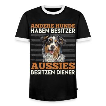 Aussie OTHER DOGS HAVE OWNERS AUSSIES HAVE - Men's Ringer Shirt - black/white - Front - AI Model Female 172 light (172cm) & AI Model Male 178 light (178cm)