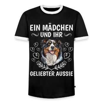 Australian Shepherd GIRL AND HER LOVER - Men's Ringer Shirt - black/white - Front - AI Model Female 172 light (172cm) & AI Model Male 178 light (178cm)