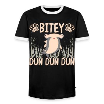 Lustige Hammerhai Bitey Dun Dun Dun Illustration f - Männer Kontrast-T-Shirt - Schwarz/Weiß - Vorne - AI Model Female 172 light (172cm) & AI Model Male 178 light (178cm)