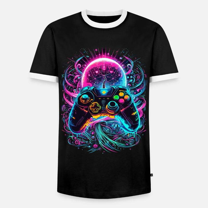 Synthwave Cyberpunk Gaming Controller - Men's Ringer Shirt - black/white