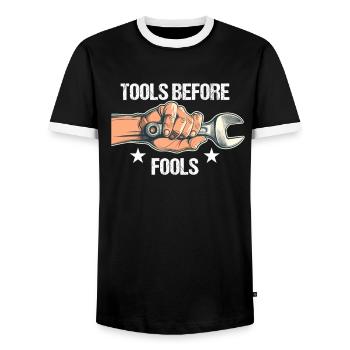 Handyman Papa Tools Before Fools DIYers - Men's Ringer Shirt - black/white - Front - AI Model Female 172 light (172cm) & AI Model Male 178 light (178cm)