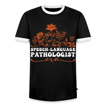 À l’époque de mon orthophonie, motif floral - T-shirt contrasté Homme - noir/blanc - Devant - AI Model Female 172 light (172cm) & AI Model Male 178 light (178cm)
