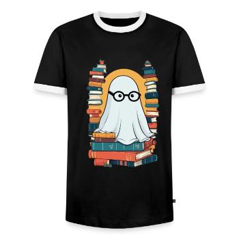 Reading Halloween Ghost Book Lover Style - Men's Ringer Shirt - black/white - Front - AI Model Female 172 light (172cm) & AI Model Male 178 light (178cm)