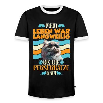 Perserkatzen MEIN LEBEN WAR LANGEWEILIG BIS ZUR - Männer Kontrast-T-Shirt - Schwarz/Weiß - Vorne - AI Model Female 172 light (172cm) & AI Model Male 178 light (178cm)