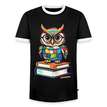 Books Owl Owls Lover Cute Book Illustration - Men's Ringer Shirt - black/white - Front - AI Model Female 172 light (172cm) & AI Model Male 178 light (178cm)