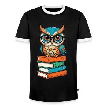 Bücher Eule Lustiger Buch Liebhaber Illustration - Männer Kontrast-T-Shirt - Schwarz/Weiß - Vorne - AI Model Female 172 light (172cm) & AI Model Male 178 light (178cm)