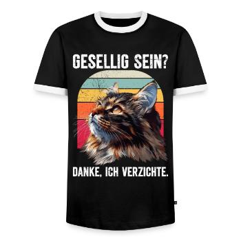 Maine Coon Katze GESELLIG SEIN? DANKE. VERZICHTE - Männer Kontrast-T-Shirt - Schwarz/Weiß - Vorne - AI Model Female 172 light (172cm) & AI Model Male 178 light (178cm)