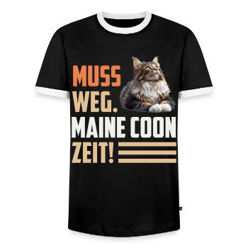 Maine Coon MUSS WEG. MAINE COON ZEIT! Lustiges - Männer Kontrast-T-Shirt - Schwarz/Weiß - Vorne - AI Model Female 172 light (172cm) & AI Model Male 178 light (178cm)