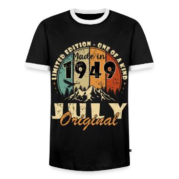 July 1949 Birthday Gift 1949 I Made in July - Men's Ringer Shirt - black/white - Front - AI Model Female 172 light (172cm) & AI Model Male 178 light (178cm)